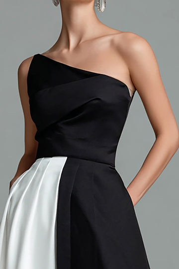 Elegant A-Line Black and White One Shoulder Formal Dress